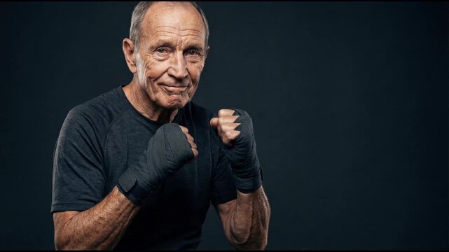 Senior Caucasian man in a black t-shirt and boxing gloves, posing in a fighting stance against a dark background. Focus on strength and determination.