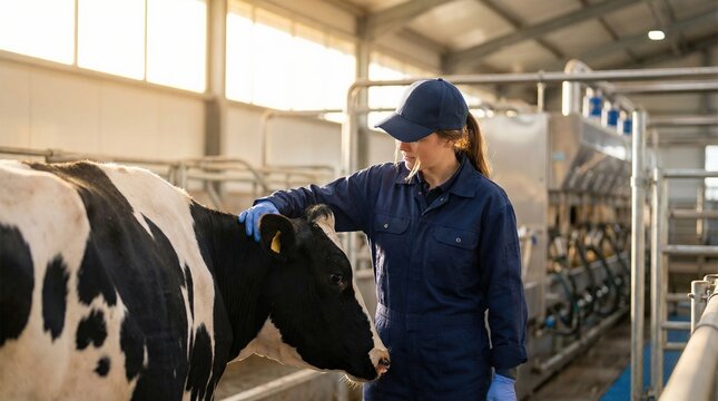 Young female dairy farmer petting a beautiful holstein cow in a modern automated barn for livestock health and responsible agriculture concept.