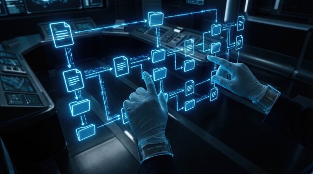 Futuristic scientist hands navigating complex holographic file system flowchart in a high-tech dark laboratory with copy space for data security management.