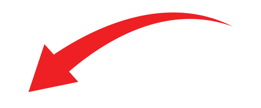 Red curved arrow pointing leftward down side isolated on white background.