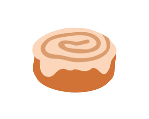 Cinnamon roll. Spiral swirl bun, pastry with sweet cream icing. Dough bakery coated in frosting, glaze. Baked snack, patisserie dessert. Flat vector illustration isolated on white background
