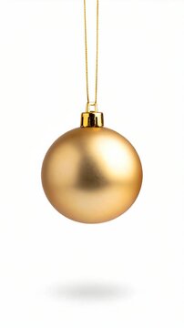 Elegant golden Christmas ornament hanging on a gold string, isolated on a white background.