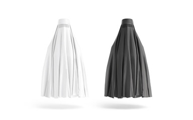Blank black and white muslim female burqa mockup, front view, 3d rendering. Empty covered women headdress mock up, cut out. Clear chiffon religious, headscarf for eastern traditional template.