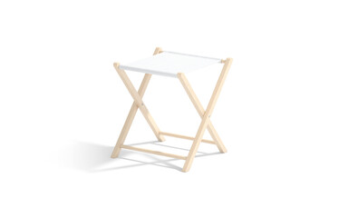 Blank white camp folding stool mockup, png, transparent background, 3d rendering. Empty travel chair with sling seat mock up cut out. Clear foldable canvas chaise summer camping or picnic template.