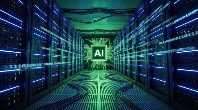 Futuristic AI microchip graphic glowing brightly inside a large data center server room with binary code streaming for machine learning and deep computing concept.