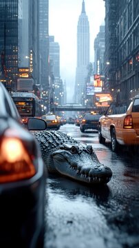 Crocodile amidst bustling city streets, with skyscrapers and traffic contrasting its calm and formidable presence in an urban setting.