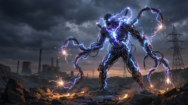 Pixelated monster electrical energy sparks dark stormy sky industrial wasteland ruins