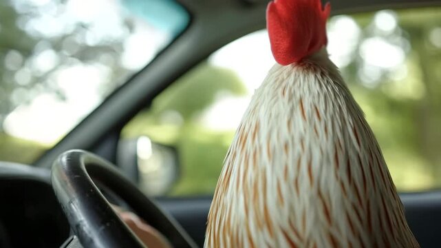 Comical rooster sitting at the steering wheel of a car, turning its head and looking around
