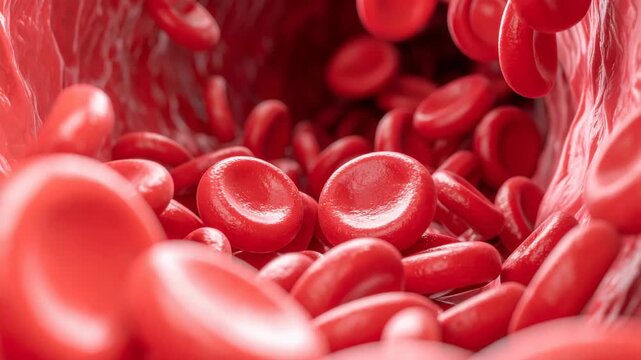 Close-up view of red blood cells flowing through a blood vessel