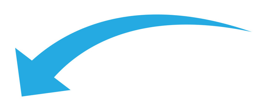 Blue long arrow pointing leftward down side. curve arrow icon flat style. Isolated blue curved arrowhead on white page. EPS 10. 