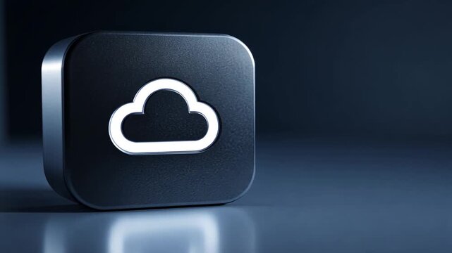 A 3D cloud icon on a dark blue square button sits on a reflective surface