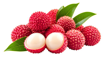 A cluster of red, textured fruit with green leaves, one cut open revealing white flesh