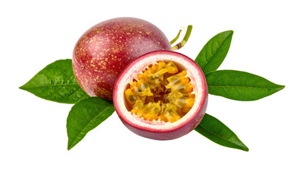A vibrant, close-up shot of passion fruit, whole and halved, with green leaves