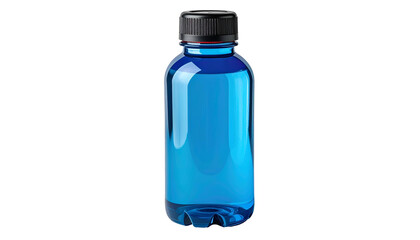 A transparent blue bottle filled with water, black cap, set against a black background
