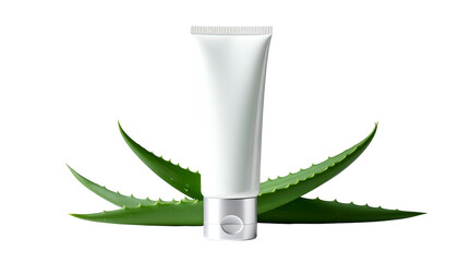 A white skincare tube with silver cap, flanked by two aloe vera leaves against a black background