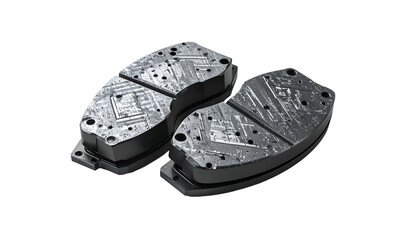 Two dark gray metallic objects with textured surfaces, possibly molds or components