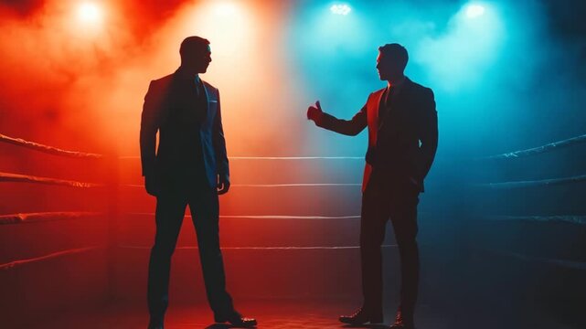 Two male opponents in business suits confront each other inside a smoky, dramatically lit boxing ring