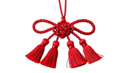 A detailed image of a bright red decorative knot with four tassels, set against a black backdrop