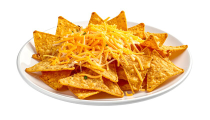 A white plate overflowing with golden tortilla chips, smothered in shredded cheese