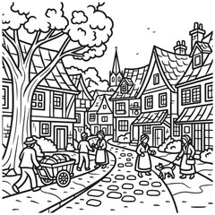 Obraz premium Black and White Medieval Village Scene with People and Buildings
