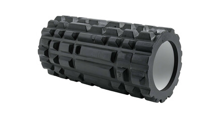 Black textured cylinder for fitness, angled on a dark background