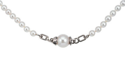 Close-up of a pearl necklace with silver clasp and small pearls, set against black background
