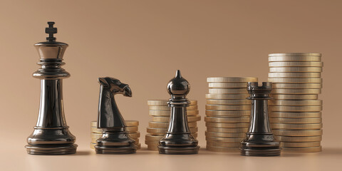 Chess pieces with stacked coins
