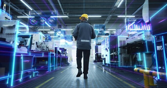 Factory Technician Walks in Manufacturing Facility with AI Data Overlays Scan Equipment, Digital Diagnostics. Visualization of Smart Machines, Monitoring Dashboards, Optimization of Production