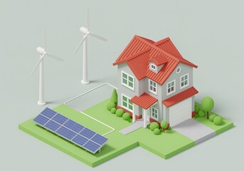 Modern House Powered by Wind Turbines and Solar Panels in Green Landscape