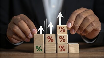 financial scenario analysis. Hands adjusting wooden blocks with upward arrows and percentage symbols, symbolizing growth and progress.