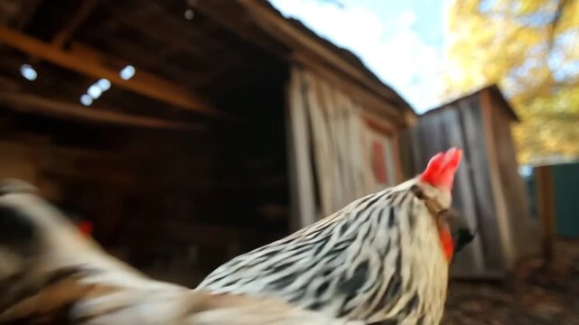 Funny and cool rooster wearing sunglasses turning its head and looking around a barnyard