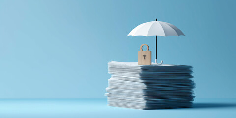 Documents security protection concept with umbrella