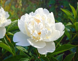 Elegant white peony flower blooming in a lush green garden setting outdoors