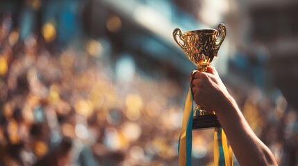 Golden Trophy of Triumph: An arm extends towards the sky, firmly grasping a radiant golden trophy, its form set against a blurred backdrop of cheering spectators.