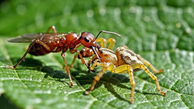 A close-up view of a jumping spider and an ant on a green leaf, macro photography