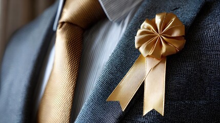 Elegance personified: A close-up shot of a tailored suit, adorned with a decorative gold ribbon, showcasing timeless sophistication and style.