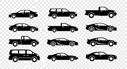 Collection of Diverse Car Silhouettes on Transparent Background.
