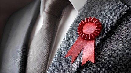 Achievement Emblema: A close-up view captures the subtle elegance of a tailored suit, adorned with a symbolic ribbon, embodying aspiration and distinction.