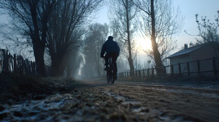 Winter Cyclist's Journey: A lone cyclist braves the frosty morning, pedaling along a rural road, trees silhouetted against a dawn sky, capturing the spirit of winter adventure.