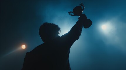 Triumphant Silhouette: A single individual raises a golden trophy against a dramatic, moody background, illuminated by an unseen light source. 