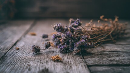 Clusters of dried lavender with faint purple hues on wood