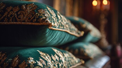 Fototapeta premium Deep emerald velvet cushion with ornate gold embroidery