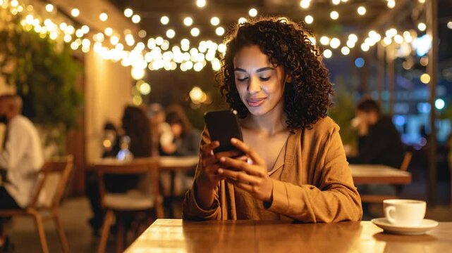 Young woman with curly hair texting on smartphone in a cozy cafe with string lights