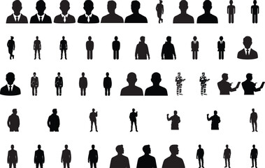 Comprehensive collection of black human and business silhouettes with portraits, standing, walking, gestures, and professional poses isolated on white background for UI and design projects © Nur