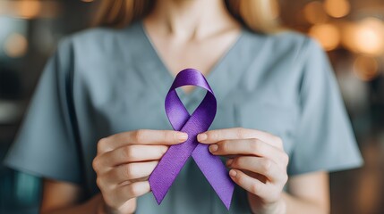Ribbon of Solidarity: A person's hands delicately cradle a vibrant purple ribbon, a symbolic gesture of support and awareness. This image represents unity, hope, and compassion.