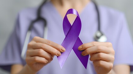 Ribbon of Hope: A medical professional delicately holds a vibrant purple ribbon, symbolizing support and awareness. conveying compassion and commitment.