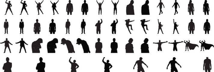Expressive collection of black human silhouettes showing celebration, walking, standing, jumping, stretching, sadness, and dynamic body language poses isolated on white background for design projects © Nur