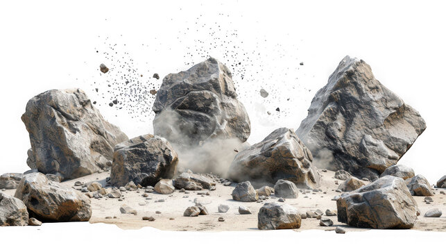 A group of large, weathered rocks breaking apart with dust and motion, isolated on white. isolated on transparent background