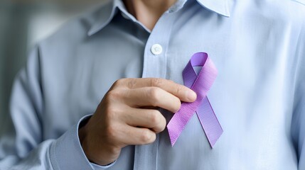 Support and Awareness: A person displays a purple ribbon, a symbol of solidarity and awareness. A close-up shot of an individual, with a gentle touch, representing a cause that needs support.