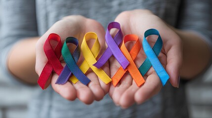 Ribbons of Support: A person presents a rainbow array of awareness ribbons, each a symbol of solidarity and hope for those affected by various illnesses and causes.